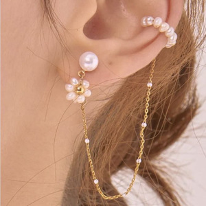 Clip-on Earrings Pearl Flower Design Gold Chain Women's Everyday Wear - Product Image 2