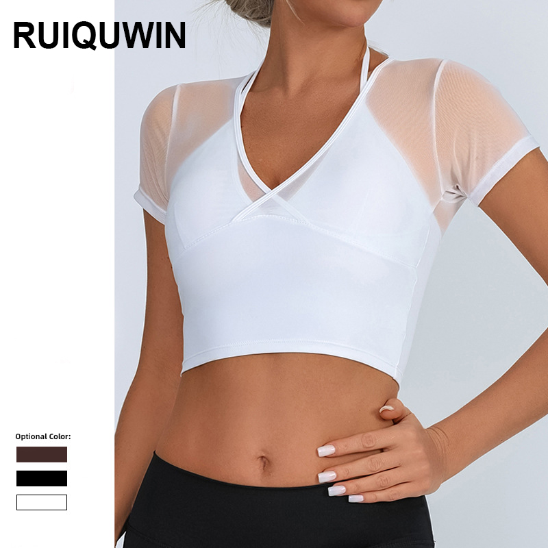 RUIQUWIN New Sports Fitness Top Sexy Breathable Mesh Short Sleeve T-Shirt Patchwork Quick Drying Yoga Top