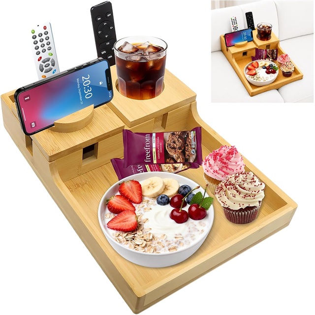 2-in-1 Bamboo Anti-Slip Couch Tray Organizer with 360° Rotating Phone Holder & Cup Holder Fit Seat Gaps & Armless Sectional Sofa