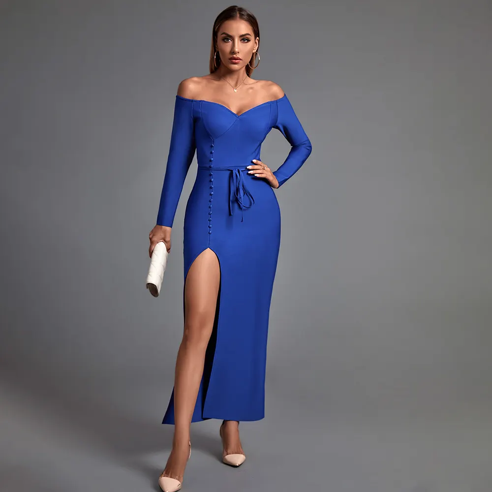 2022 Hot Sale Solid Color Off The Shoulder Maxi Dress Ladies Casual Elegant High Slit Long Sleeve Long Bandage Dress