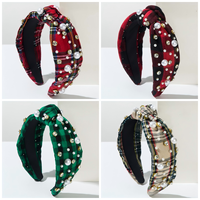 Serre-tête large personnalisé à nœud écossais pour femmes et filles, orné de perles et strass, accessoire de coiffure pour fêtes de Noël et de vacances