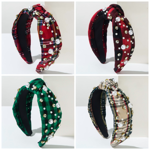 Custom Fashion Plaid Knot <strong>Headband</strong> for Women Girls Pearl Rhinestone Wide Hairband Christmas Holiday Party Accessories Headwear - Product Image 2