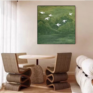 Peinture à l'huile peinte à la main, montagnes vertes, oiseaux en vol, art abstrait 3D en sable de quartz, style chinois, art mural carré pour salon - Product Image 2