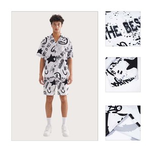 Completo Sportivo Casual da Uomo Trendy Stile Hip Hop con Stampa Graffiti, Camicia e Pantaloncini Larghi, <span class=keywords><strong>Set</strong></span> Estivo Due Pezzi 100% Poliestere - Product Image 2