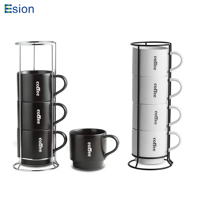 11oz Black & White Printed Stackable Ceramic Coffee Mug Set with Metal Storage Rack for Home Kitchen