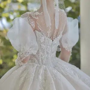 Queen Vestido De Noiva Bridal Ball Gown Lace Heavy Beading Lxuury Wedding Dress MK217 Long Sleeves Glittery Fabric