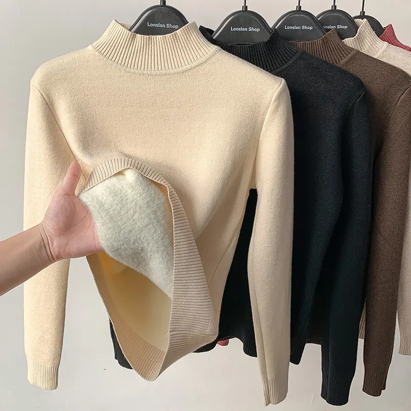 Women Clothing Winter Pullover Sweater Warm Jumper Korean Style High Elastic Solid Color Fleece Sweater