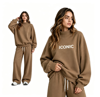 Ensemble de survêtement 2 pièces pour femme, molletonné 350G, imprimé mousse, sweat-shirt à col semi-montant et pantalon large, coupe oversize décontractée