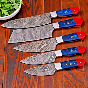 Ensemble de couteaux de cuisine professionnels en acier Damas, 5 pièces, faits à la main, manche en Micarta, étui en cuir, vente en gros, couteaux pliants professionnels - Product Image 1