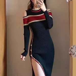 Çizgili İnce yarık moda yeni örgü Midi elbiseler uzun kollu kadın zarif seksi elbise
