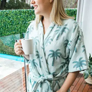 High Quality Holiday Cotton Towelling Terry Change Surf Robe Palm Tree Hot Summer Outdoor Short Sleeve V Neck Beach Robe