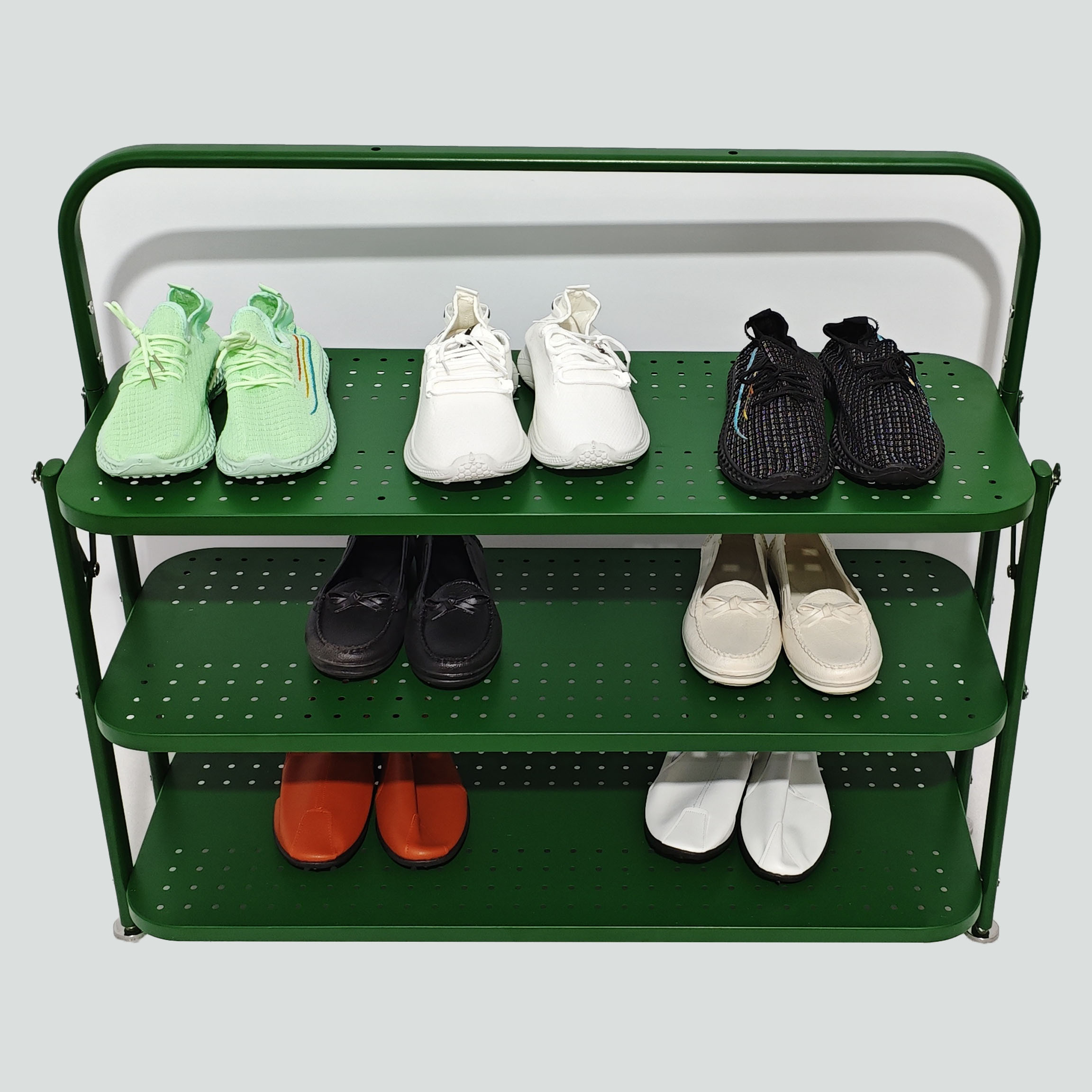 Metal Shoes Display Racks Foldable 3-Tier Stand with Green Shelf Adjustable Feet Custom Logo for Advertising — view 3