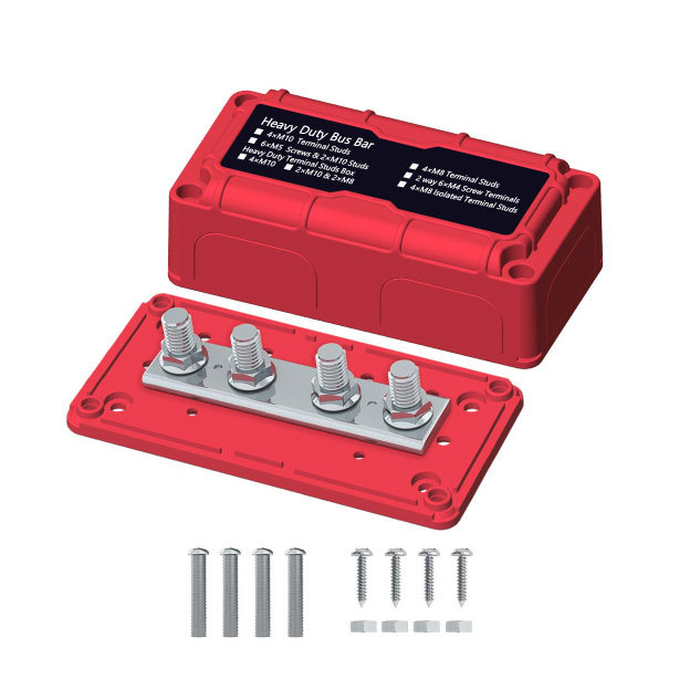 Heavy Duty 100A DC 48V 4-Pole Power Distribution Terminal Block Copper Bus Bar 4X M6 Stainless Steel Terminal Studs Screw