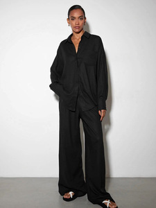 Vêtements en lin à manches longues OEM très vendus ensemble décontracté 2 pièces pour femmes vêtements de travail de couleur personnalisée - Product Image 5