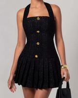 Robe Courte Femme Col Halter avec Anneau Doré, Froncée, Tissée Texturée, Coupe Trapèze, Couleur Unie, Sans Manches, pour Soirée, Été, Club, Vente en Gros, OEM