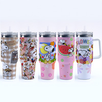 Gobelet isotherme 40 oz en acier inoxydable à double paroi avec poignée et paille, motif Snoopys, pour voiture, boissons froides et glace