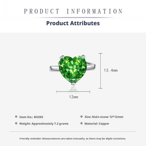 Wholesale Green High Carbon Stone Jewelry 12mm Heart Cut Cubic Zirconia <b>Necklace</b> Earrings Rings Jewelry 3 Piece Sets For Women - Product Image 2