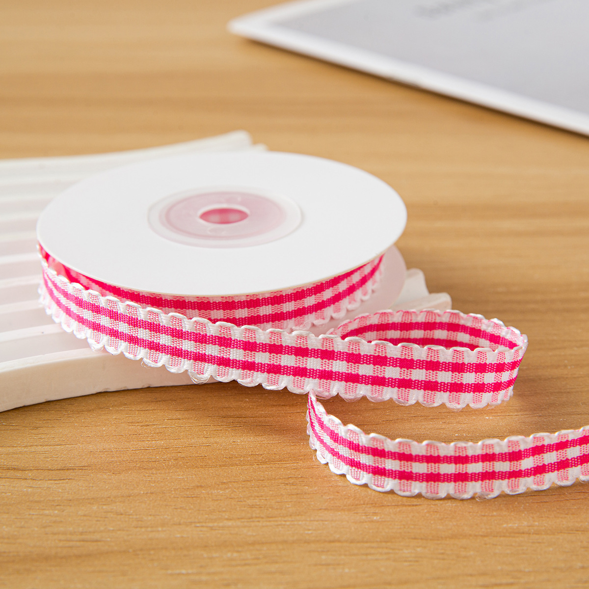 Bordure en dentelle de 1 cm, plaid rose rouge, 10 yards