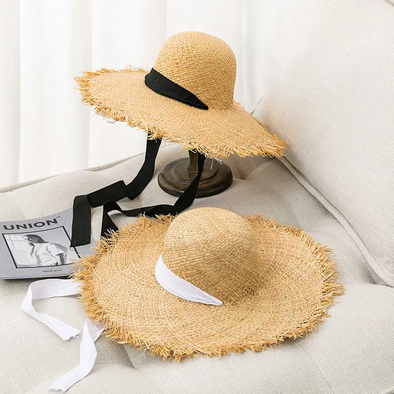 Chapeaux de plage à Large bord pour femmes, chapeau de raphia en paille avec ruban, vente en gros