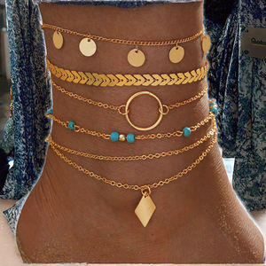Conjunto de 5 piezas de cadena de eslabones con colgante de cuentas de moda, chapado en oro, con diseño geométrico, para tobillo, regalo de playa - Product Image 3