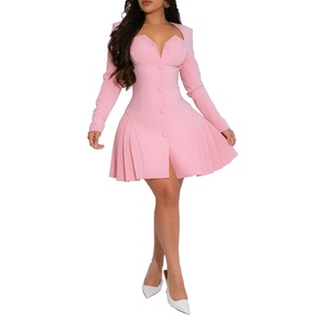 เดรสสั้นแฟชั่นคอวีลึกแขนยาวระบายแต่งกระดุมเม็ดเดียวสำหรับผู้หญิง - Product Image 3