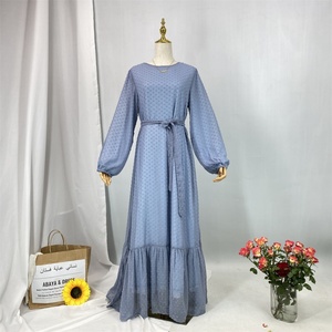 6294# Wholesale Turkish Modern Ruffle Polka Dot Islamic Clothing Dubai Abaya Designs Modest <b>Maxi</b> Muslim Fashion Dress - Product Image 3