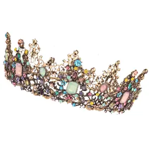 Best selling European & American alloy big crown retro gold set with seven color diamond tiara princess tiara