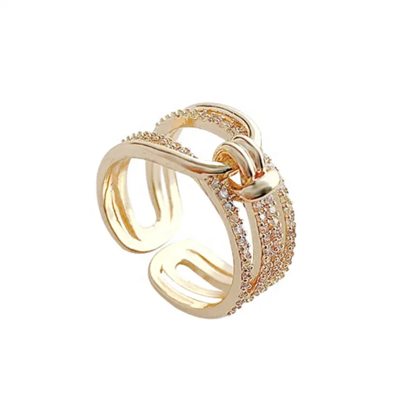 Mode Roestvrij Staal Vergulde 18K Goud Staal Open Ring Custom Licht Luxe Vergrendeling Multi-Layer Diamant Ingelegde Wijsvinger Ring