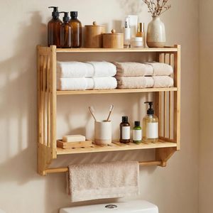 Estante de almacenamiento para baño de bambú de 60x70 cm, 3 niveles, montado en la pared para artículos de aseo y cosméticos - Product Image 1