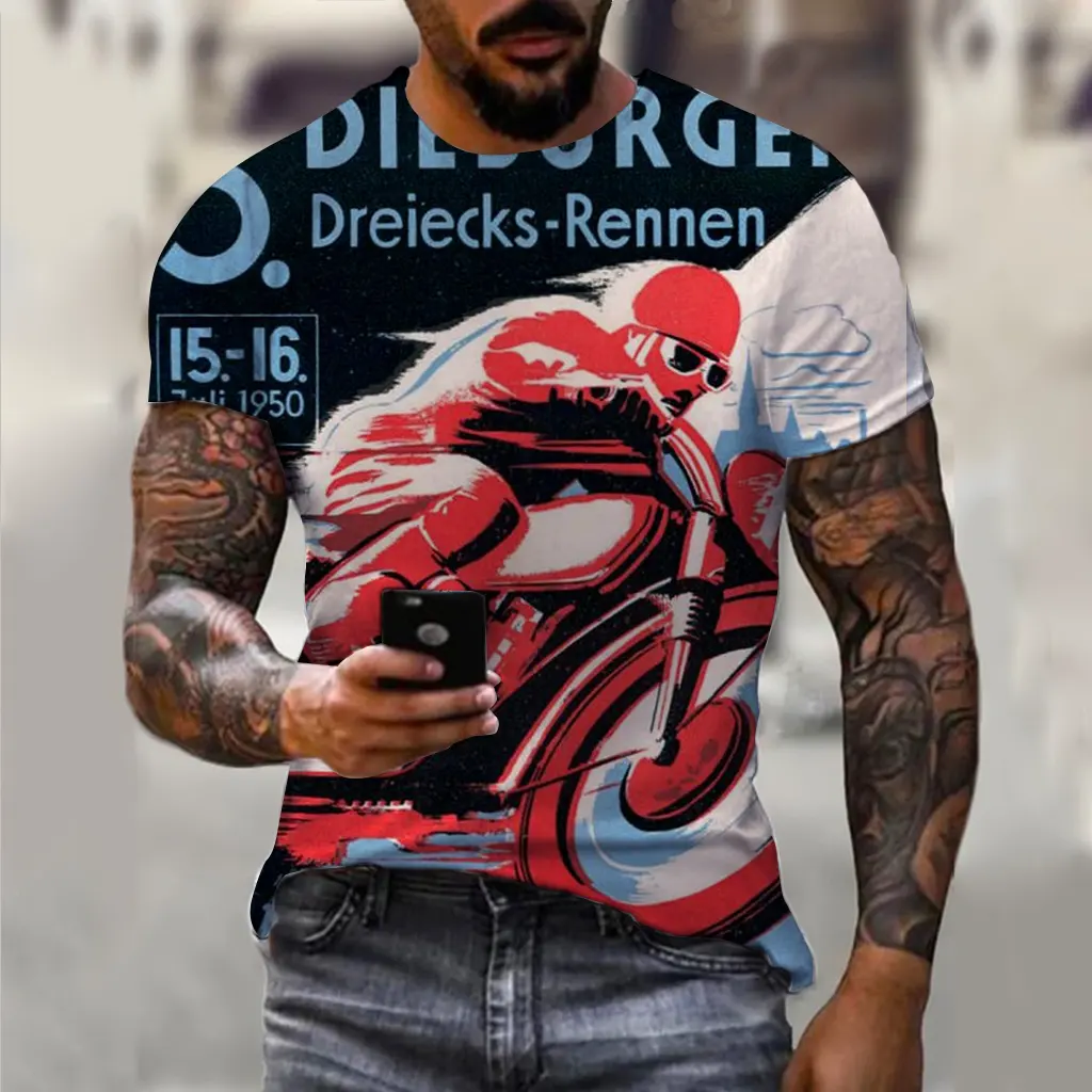男性用オートバイTシャツレトロ3DプリントカスタムTシャツデザインカジュアル半袖ルーズ特大スウェットシャツメンズトップス