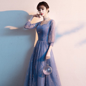 Elegant Blue Evening Gown Square Collar Empire Waist Long Sleeve For Wedding Party Banquet Annual Meeting - Product Image 2