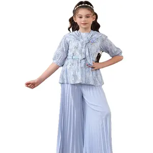 2024夏の新しい中東の女の子の服の女の子のプリントシャツワイドレッグパンツツーピースセット