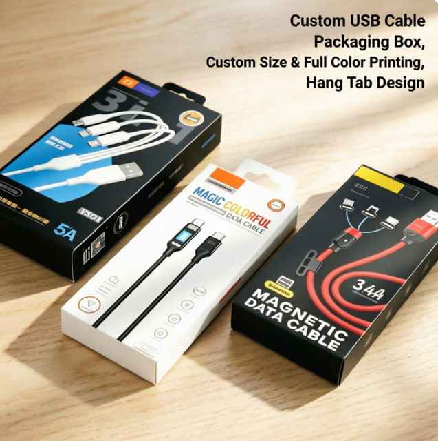 Custom USB Cable Packaging Box with UV Spot Full Color Printing PVC Window Foldable Paper Box Easy Open Structure for Data Cable