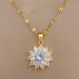 Women Sunflower Cubic Zirconia <b>Jewelry</b> Set Titanium <b>Steel</b> Gold Plated Flower Pendant Necklace Stud Earrings Party Wedding - Product Image 5