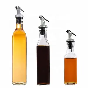 Square Glass Olive Oil Dispenser Bottles Clear Vinegar Sauce Cruet Pouring Spouts with Lever-Release Snap Lids