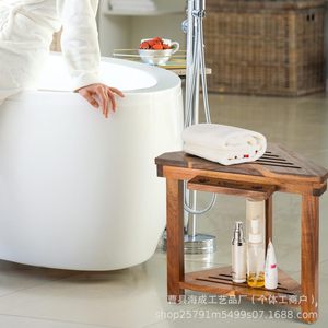 Tabouret de salle de bain en bois Kaisei, étagère de rangement d'angle à double niveau avec étagère pour articles de toilette, marron - Product Image 4