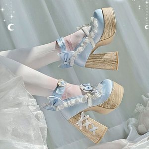 <b>Black</b> Satin Lolita Heeled Sandals With Bow And Card Decoration Chunky <b>Platform</b> High <b>Heel</b> Closed Toe Women's Shoes - Product Image 4