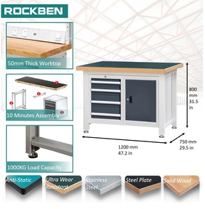 ROCKBEN Établi d'atelier <span class=keywords><strong>de</strong></span> stockage classé <span class=keywords><strong>de</strong></span> qualité avec armoire à tiroirs d'outils Armoires à outils d'atelier - Product Image 2