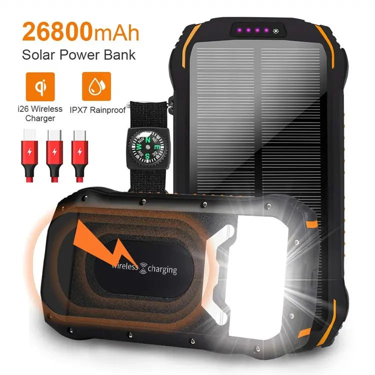 26800mAh Portable External Backup Battery Pack Power Bank Solar Charger Dual USB 2A Solar Phone Charger With LED Light