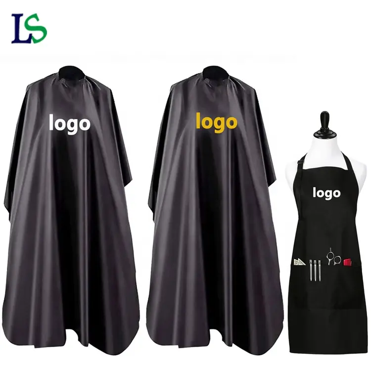 Toptan polyester özel logo su geçirmez elbisesi saç kesme siyah kuaförlük berber önlük salon cape