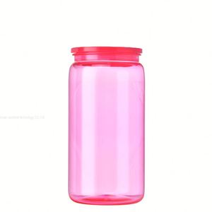 Entrepôt américain : Gobelets en plastique acrylique transparents colorés effet gelée 16oz 20oz, type canette de soda ou de bière, avec couvercles PP colorés - Product Image 4