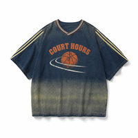 Maillot de basketball bleu délavé vintage personnalisé, imprimé sérigraphié, col en V, manches courtes, style sportif, marque privée, fabricant