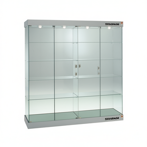 Modern Glass Showcase 185Cm Wide 190Cm High Light <b>Grey</b> <b>Frame</b> With 4 Halogen Lights And Lockable Doors - Product Image 2