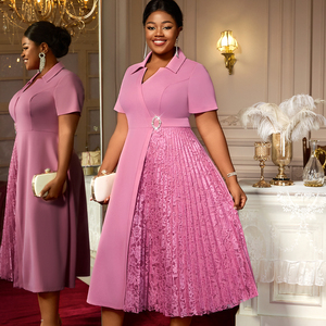 AM050511 collo a manica corta con bavero asimmetrico in pizzo Patchwork rosa a Line formale <span class=keywords><strong>Plus</strong></span> Size abiti Casual da donna con cintura Midi - Product Image 1