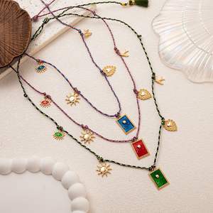 Collana con Ciondoli Multipli in Corda Colorata e Smalto, Occhio Malvagio, Carta dei Tarocchi, Sole, Luna, Cuore, Stile Hip Hop Unisex - Product Image 2