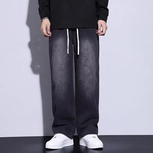 American Retro Cool Men's High Denim Jeans Trendy Brand Straight Loose Washed Casual Versatile Fleece <b>Lined</b> Lightweight <b>Pants</b> - Product Image 6