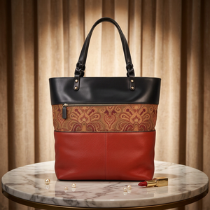 Sac fourre-tout pour femme à blocs de couleur, sac à main de travail vintage en cuir PU avec empiècements jacquard, grande capacité - Product Image 6