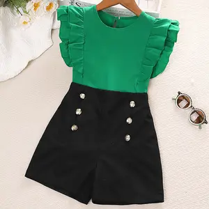 Комплект одежды из 2 предметов для больших девочек 2023, зеленая рубашка с рюшами и черные шорты на пуговицах, От 4 до 10 лет