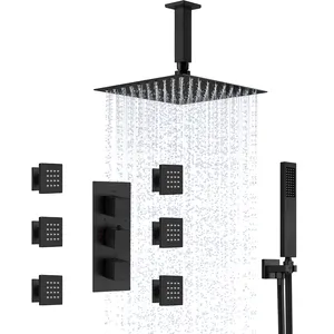 Luxury Black Shower Jets Body Sprays System In Wall 16Inch LED Rainfall Shower Full Body Large Flow Rain Shower System