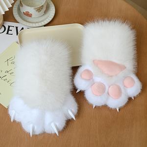 Pluche Dierenpoothandschoenen Voor Halloween Cosplay-Zachtroze En Wit Nepbont Met Cartoon Kat/Hond/Vos Ontwerp - Product Image 5